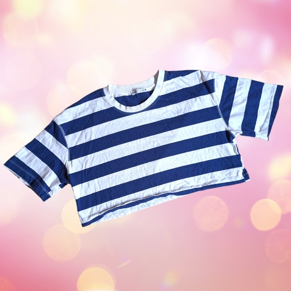 ZARA | Navy And White Striped Cropped Boxy Fit Cotton Tee Size M - Picture 3 of 8
